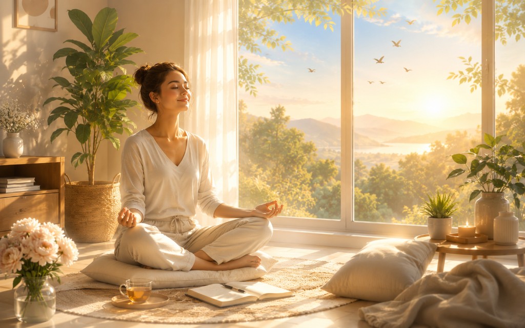 Woman meditating peacefully beside a sunlit window at sunrise